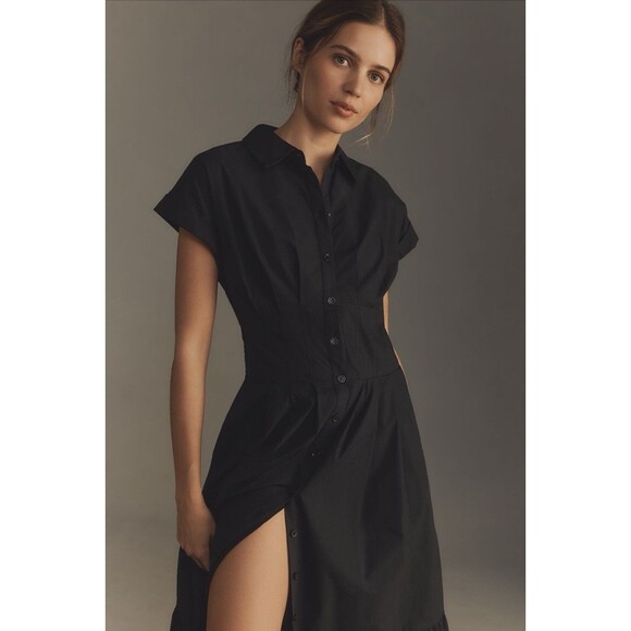 Anthropologie Midi Shirt Dress Black Pleated Cotton Preppy Retro Boho Medium NWT - Picture 3 of 14